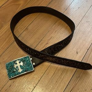 Real leather belt with silver buckle, turquoise stones.
